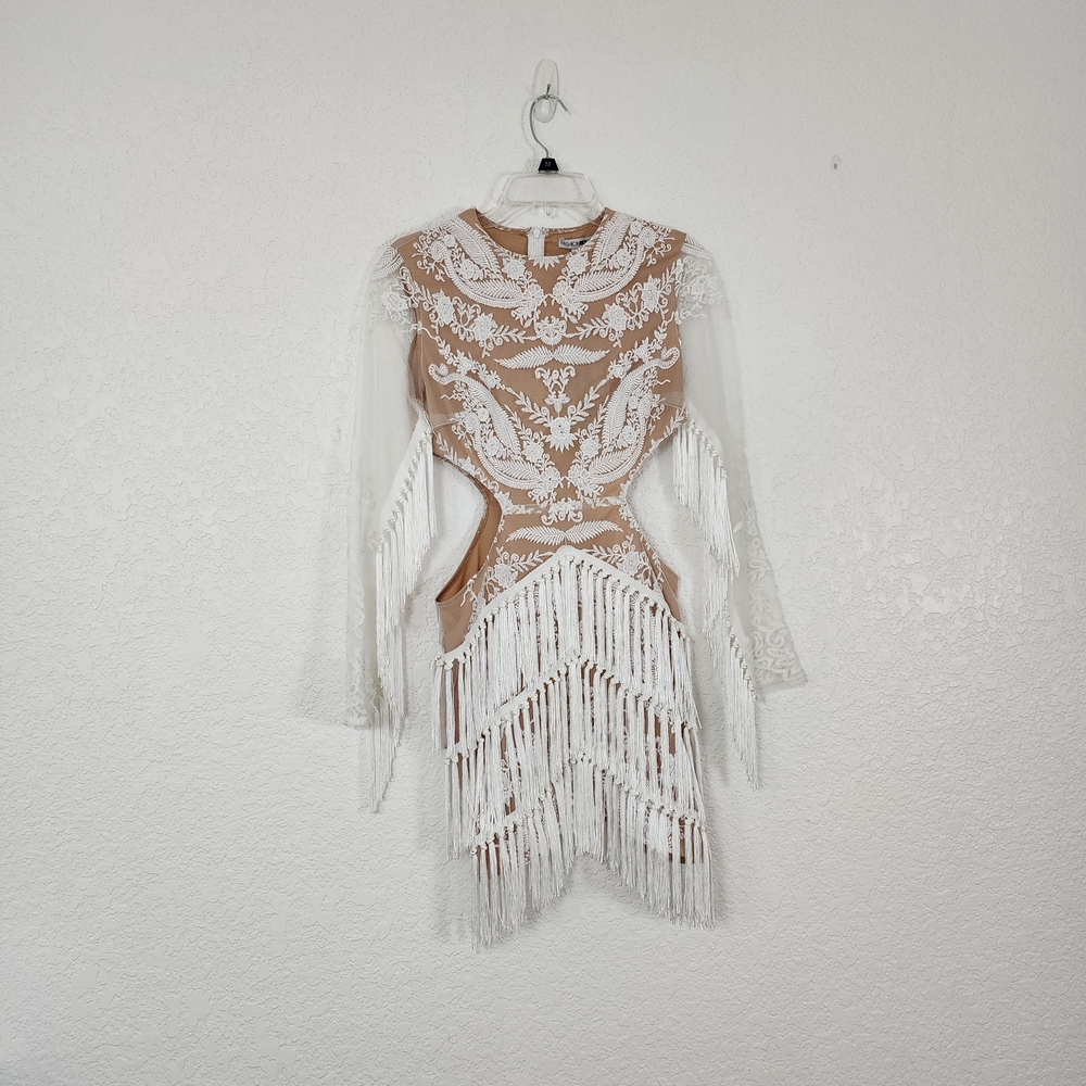 NWT Fashion Nova Gwen Lace White and Tan Fringe Mini Dress Small Festival Boho